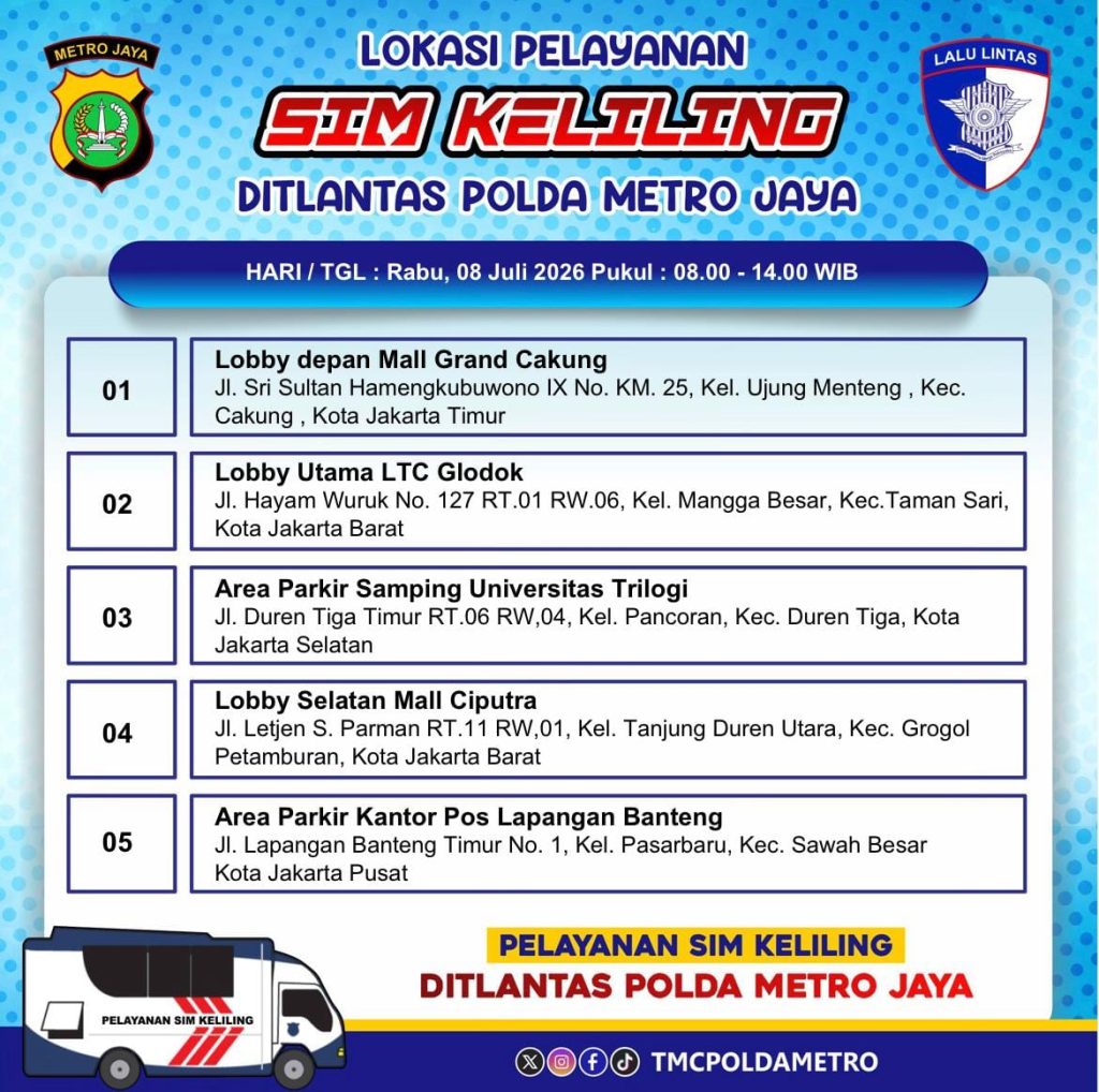 Mobil layanan SIM Keliling Polda Metro Jaya melayani perpanjangan SIM A dan SIM C di Jakarta pada 8 Juli 2026